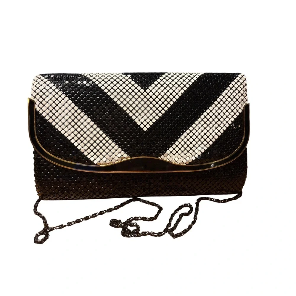 Vintage Black White Chevron Metal Mesh‎ Evening Clutch Shoulder Bag Gold Trim